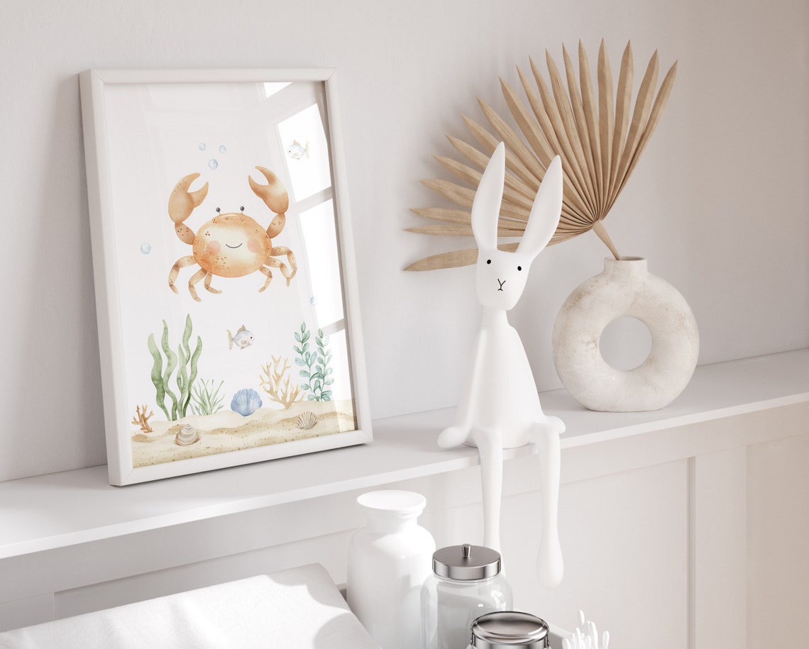 Smiling Crab Watercolor Under The Sea Ocean Animal Nursery Poster - Image 2