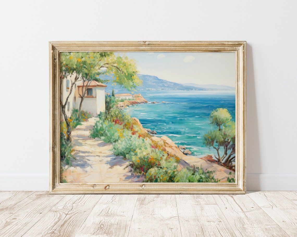 Mediterranean Villa Path by the Sea Impressionist Oil Painting Print - Image 2