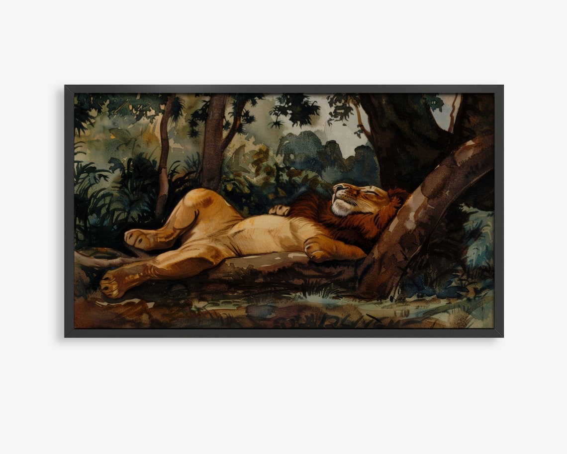 Sleeping Lion with Mane Watercolor Print Jungle Wildlife Resting Art