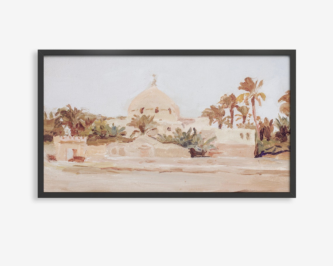 Domed Shrine with Palms Watercolor Poster Middle Eastern Desert Art