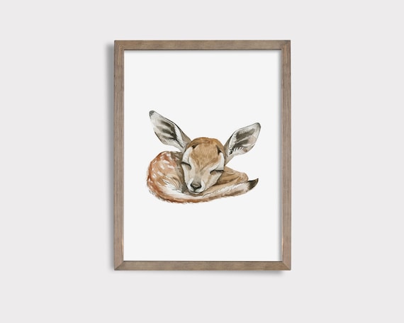 Sleeping Baby Deer Fawn Watercolor Woodland Nursery Art Poster