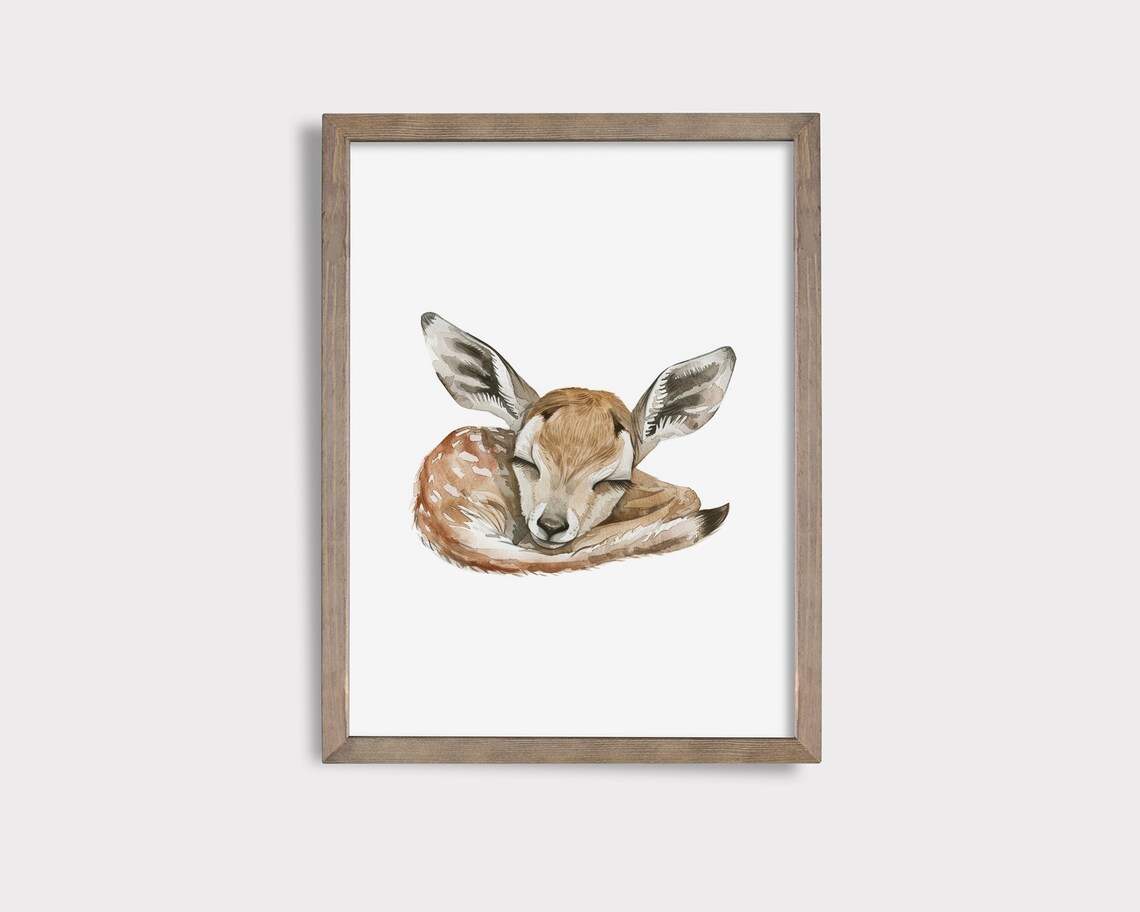 Sleeping Baby Deer Fawn Watercolor Woodland Nursery Art Poster