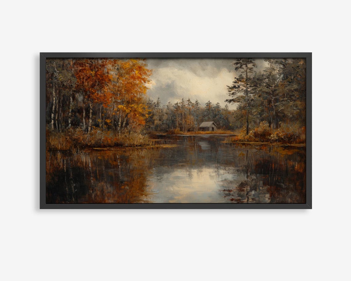 Autumn Lake Cabin Birch Trees Fall Reflection Frame TV Art Poster