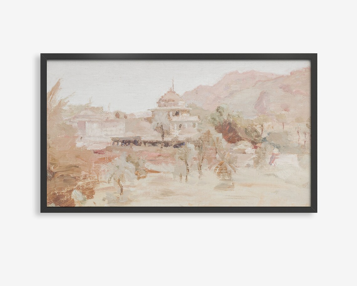 Indian Temple by the Lake Watercolor Poster Mountain Landscape Art
