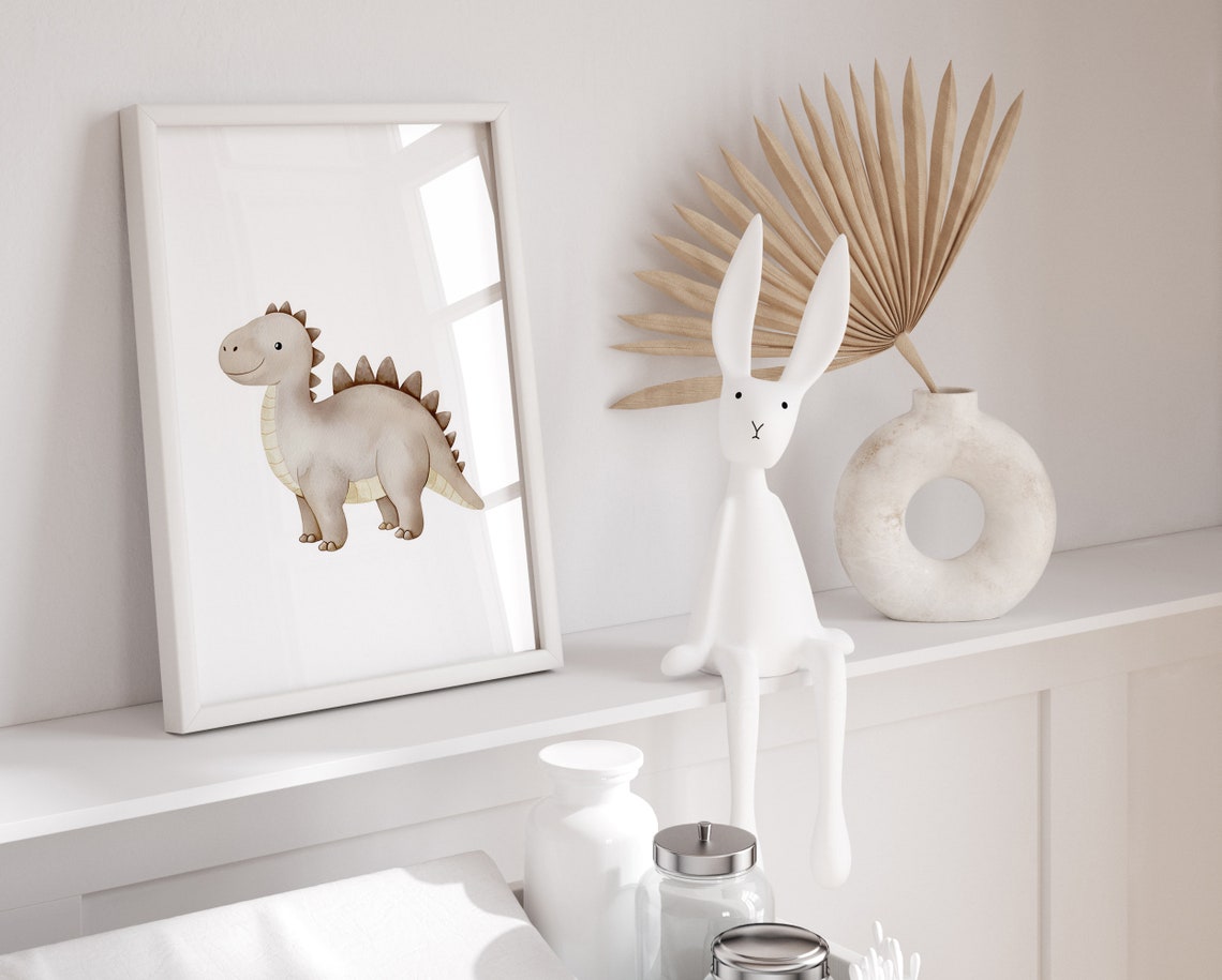 Cute Beige Baby Stegosaurus Watercolor Dino Nursery Decor Poster - Image 2