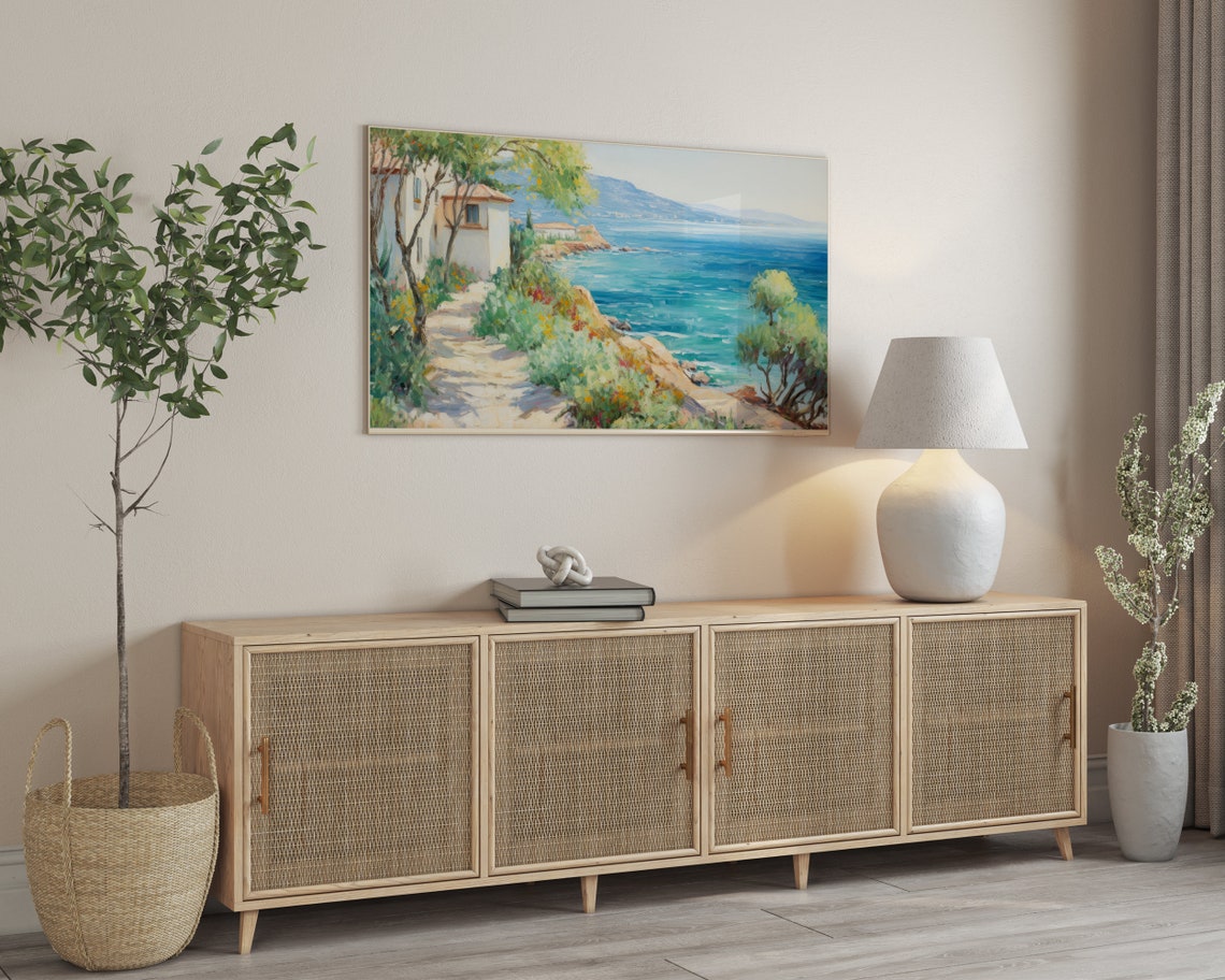 Mediterranean Villa Watercolor Poster Blue Sea Coast Terrace Art - Image 3