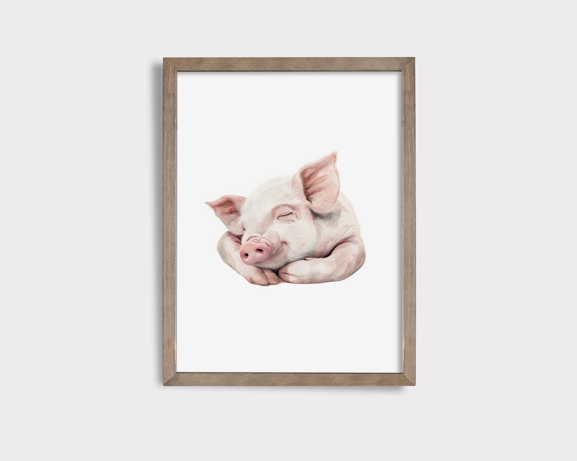 Sleeping Baby Piglet Watercolor Cute Farm Animal Nursery Poster
