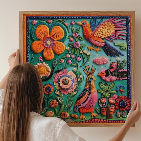 Mexican Folk Art Birds And Botanical Image Vibrant Colors Unique Home Decor Print Nature Lover Gift Boho