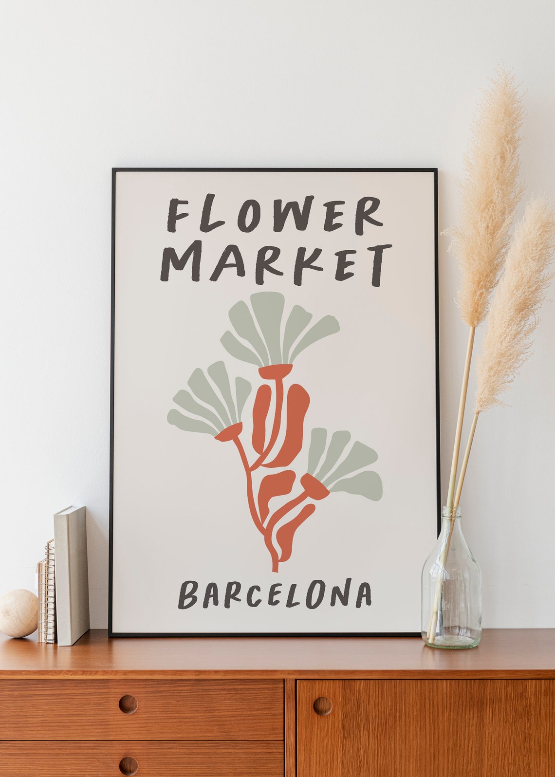 Barcelona Flower Market Sage Green Burnt Orange Floral Poster - Image 2