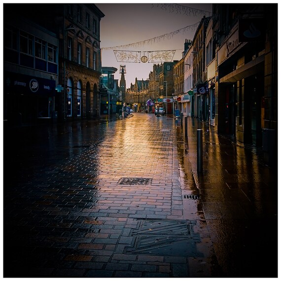 New Years Rain City Street Wet Cobblestone Night Photography Print