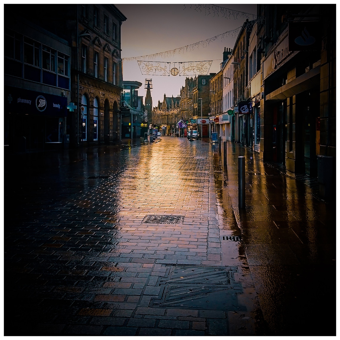 New Years Rain City Street Wet Cobblestone Night Photography Print