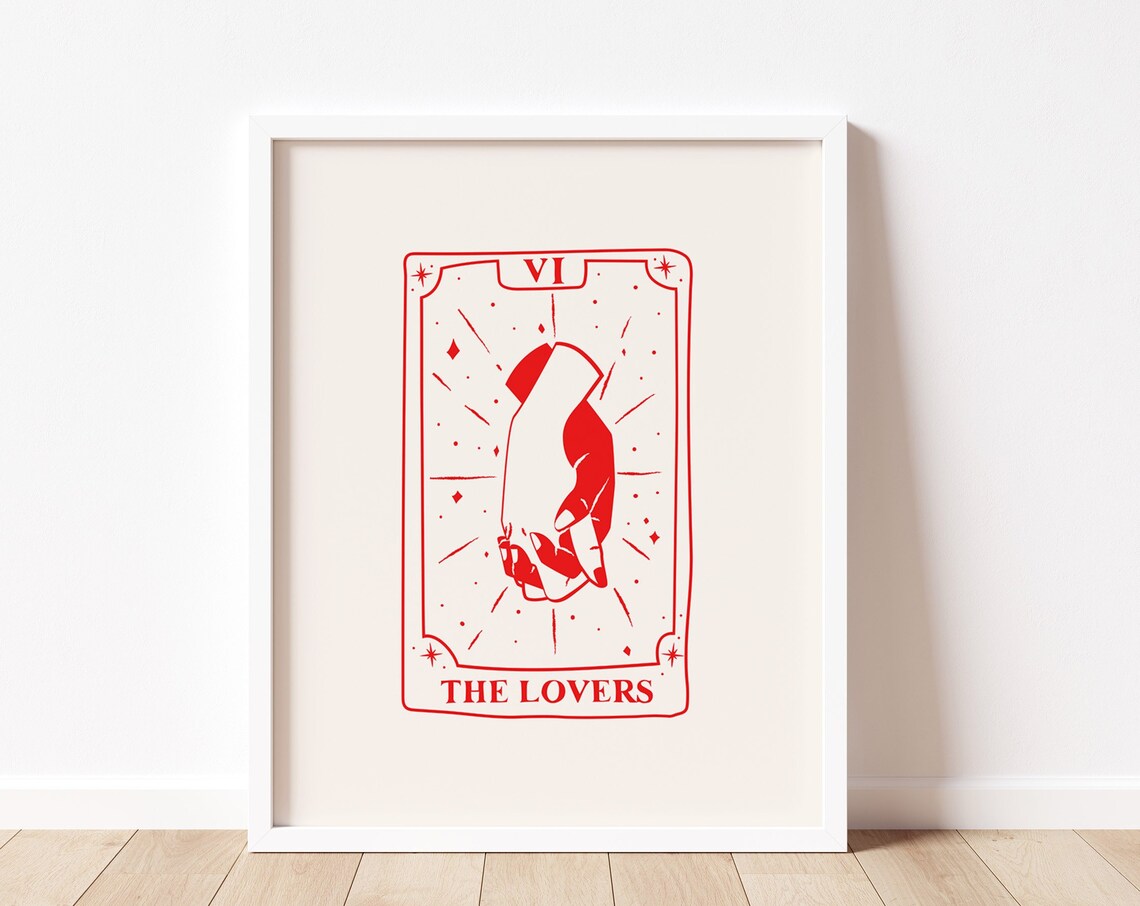 The Lovers Tarot Card Red Line Art Spiritual Mystic Couple Print