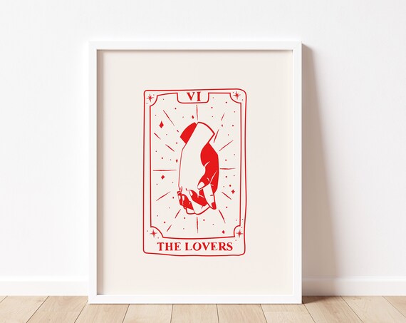 The Lovers Tarot Card Red Line Art Spiritual Mystic Couple Print