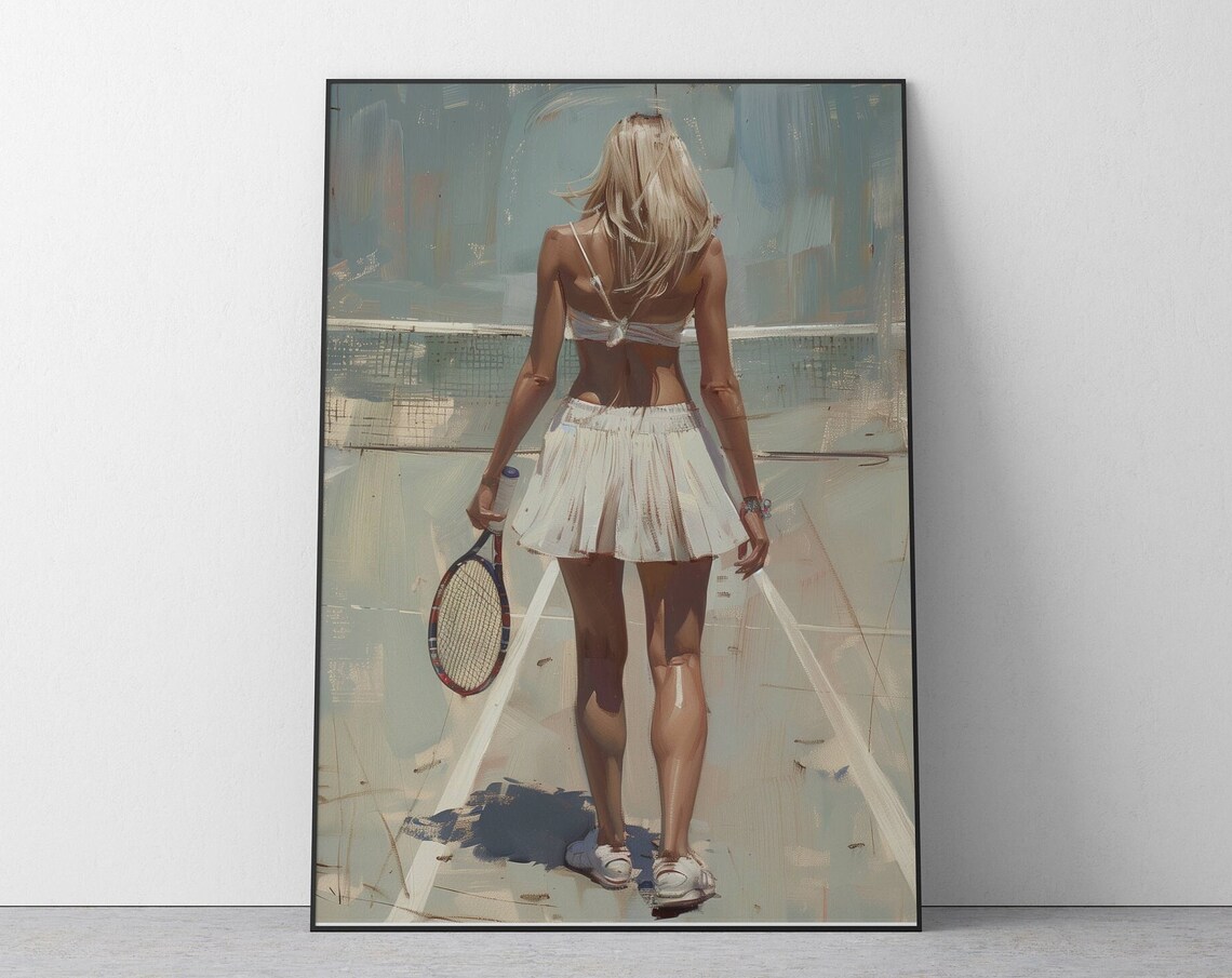 Blonde Tennis Player In White Walking Onto Sunlit Court Sports Art Poster
