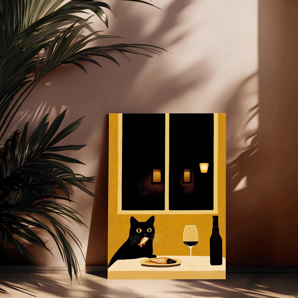 Black Cat Eating Cute Cat Portrait, Kitchen Decor - Image 2