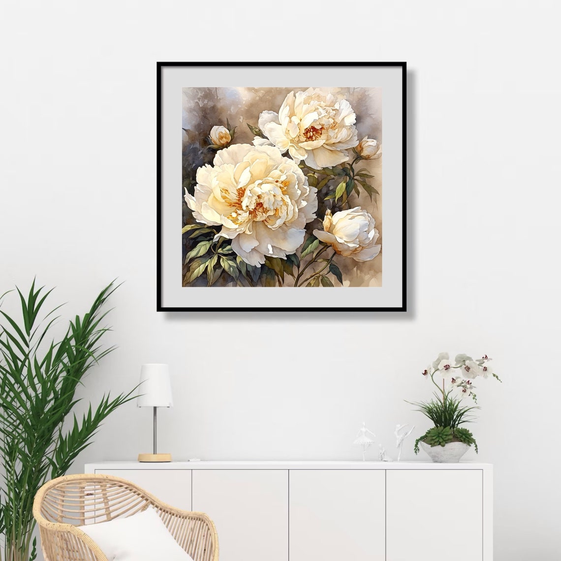 Ivory White Peonies Watercolor Elegant Floral Botanical Art Print - Image 3