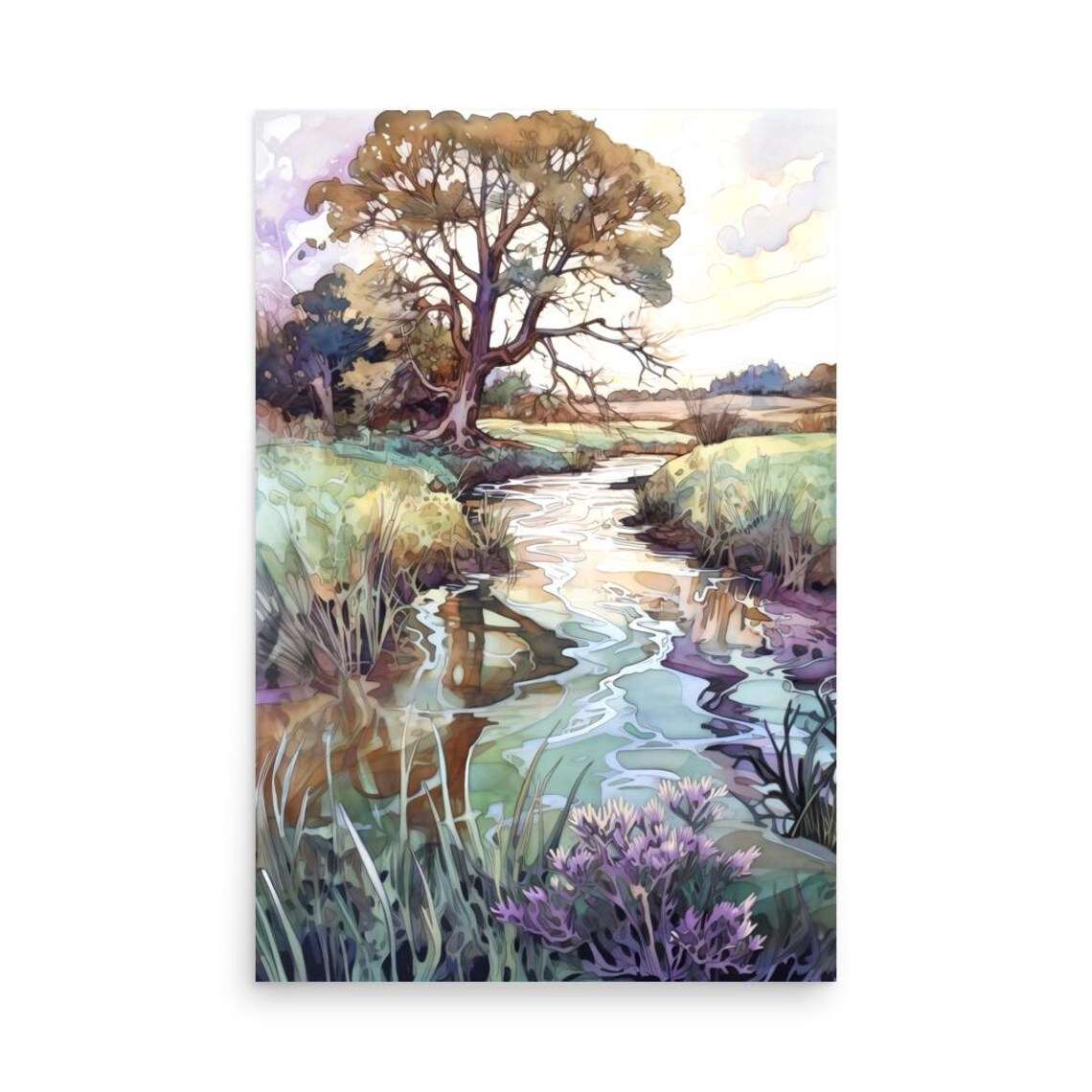 Purple Wildflowers by a Winding Stream Watercolor Landscape Poster - Image 5