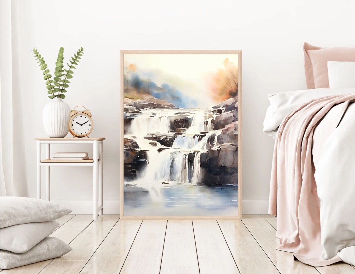 Layered Waterfall Cascades Over Rocks Misty Watercolor Poster - Image 3