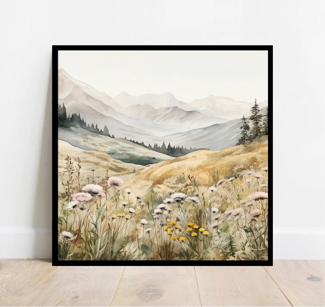 Golden Wildflower Meadow Distant Mountain Peaks Watercolor Poster - Image 4