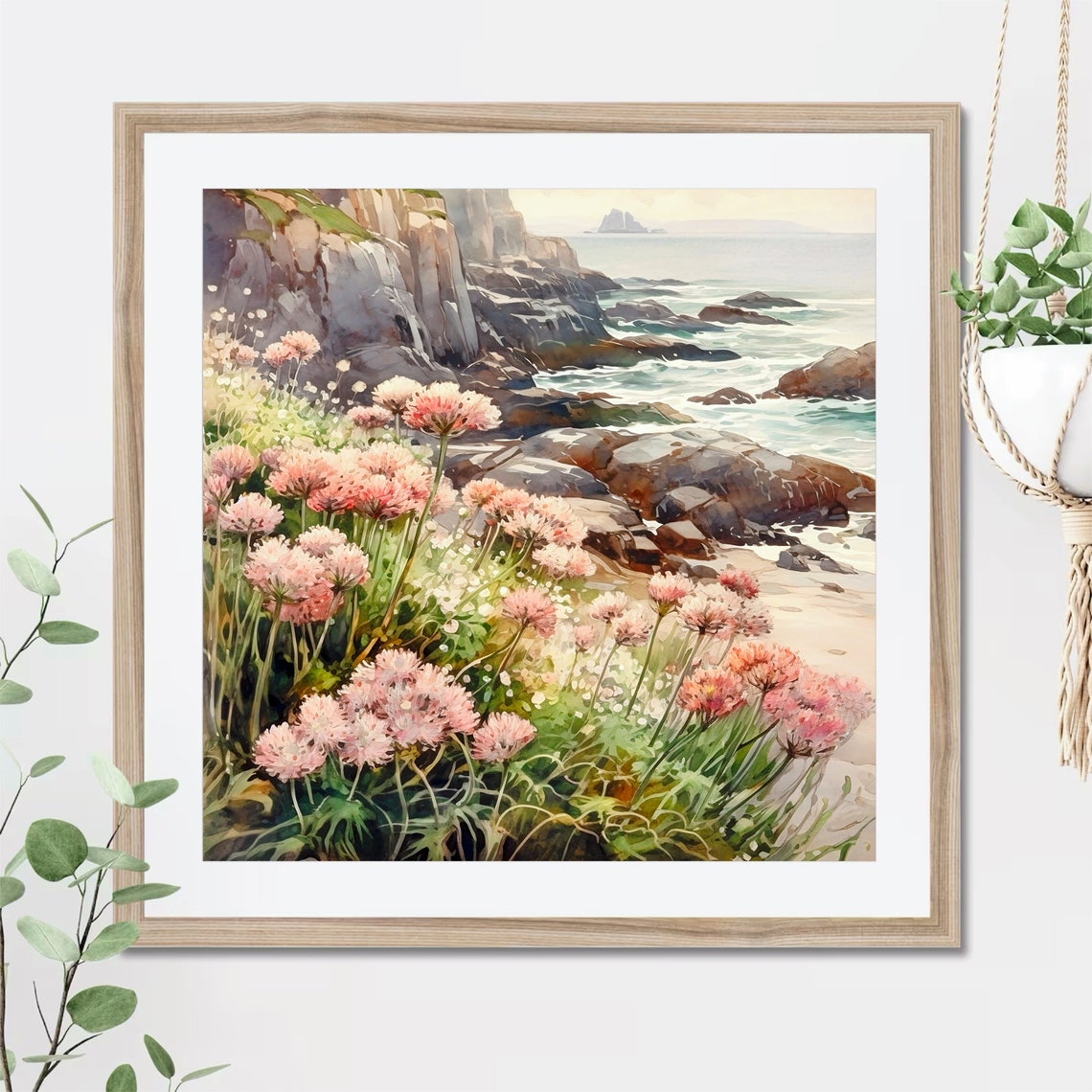 Pink Coastal Wildflowers Rocky Cliffs Ocean Watercolor Wall Art - Image 4