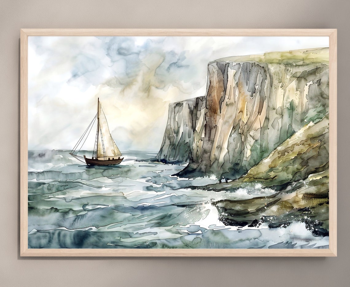 Sailboat By Tall Sea Cliffs Gray Waves Watercolor Nautical Poster - Image 3