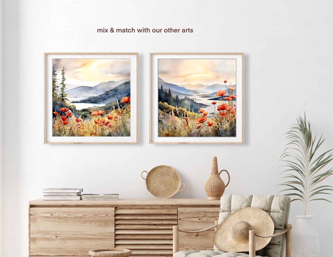 Columbia Gorge Watercolor Painting Mountain River Art Print Poppy Flowers Landscape Print Foggy Pine Forest Fine Art Print Home Decor Gift - Image 4