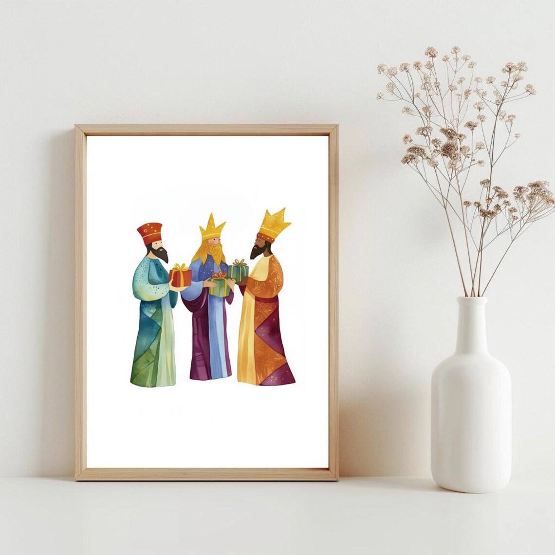 Three Wise Men Nativity Watercolor Minimalist Christmas Scene Art Print