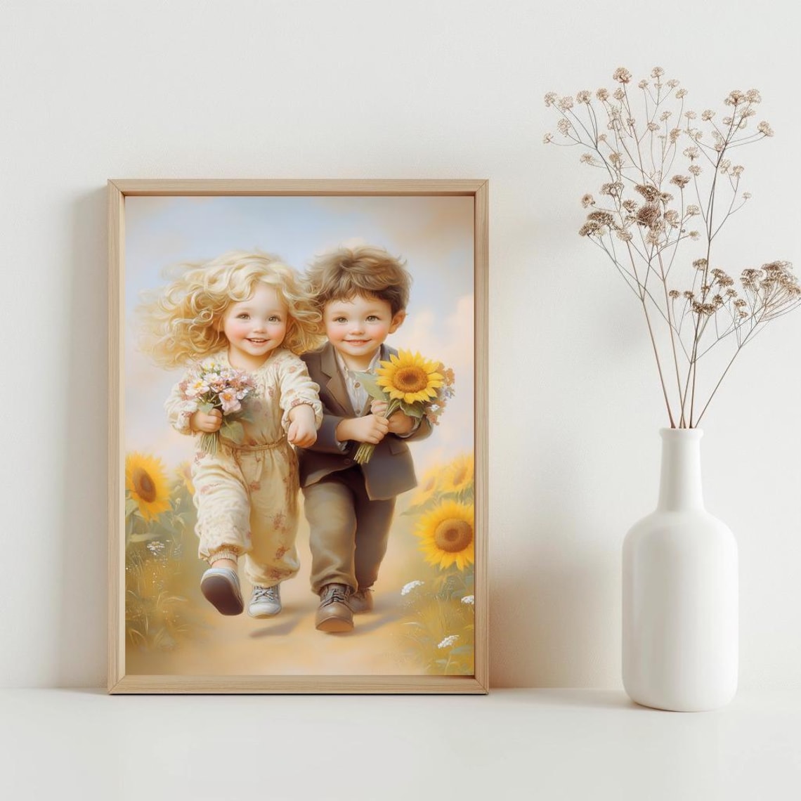 Brother Sister Sunflowers Children Running Meadow Kids Room Art Poster