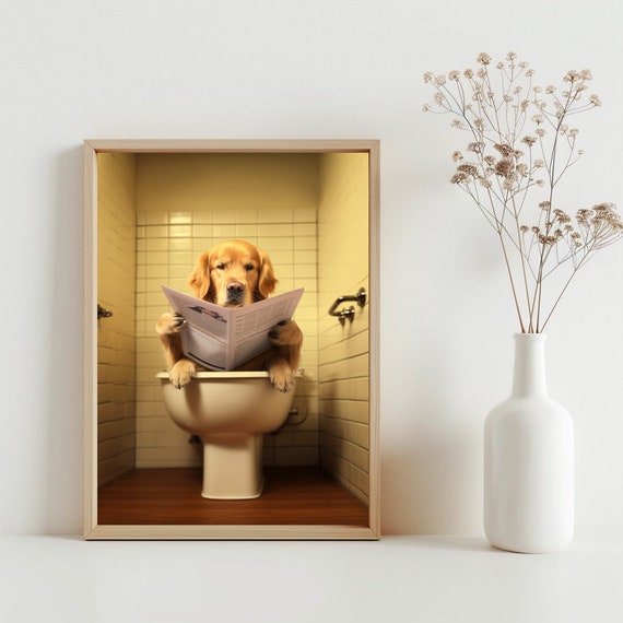Golden Retriever Bathroom Art Funny Decor Dog On Toilet Kids Wall Fun Sg95