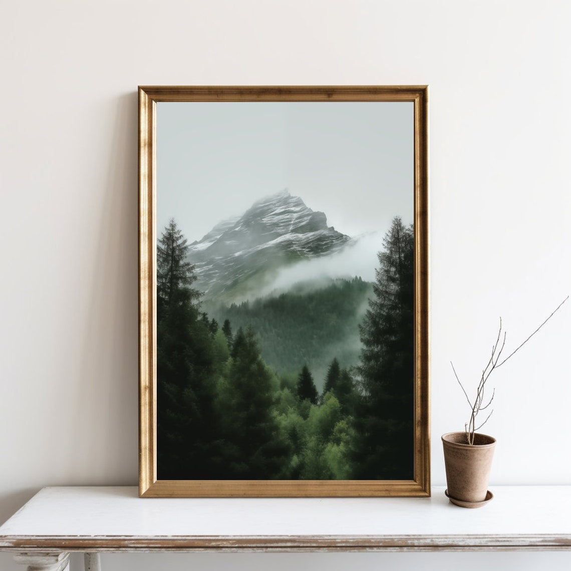 Misty Mountain Peak Dark Pine Forest Moody Nature Photo Poster
