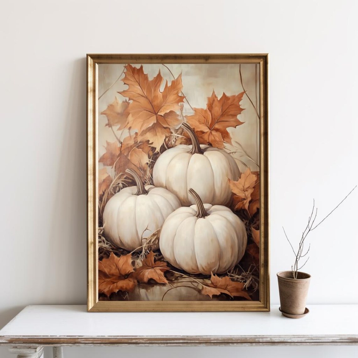 White Pumpkins And Autumn Leaves Fall Vintage Still Life Poster