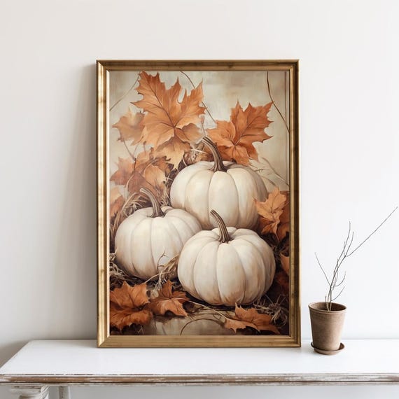 Pumpkin Still Life Painting Rustic Fall Wall Art Vintage Autumn Print Thanksgiving Decor Halloween Poster Sg204