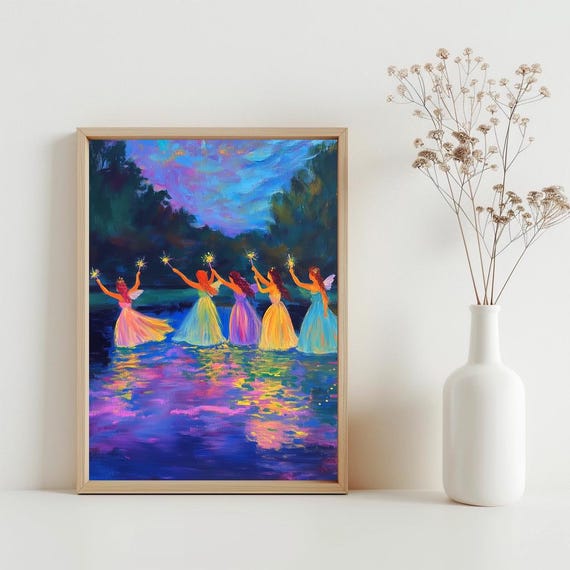 Fairy Sisters Sparklers Dancing Watercolor Magic Night Poster