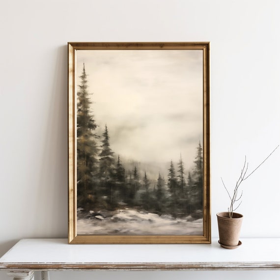 Winter Pine Forest Painting Art Rustic Landscape Snowy Trees Wall Home Decor Sg44