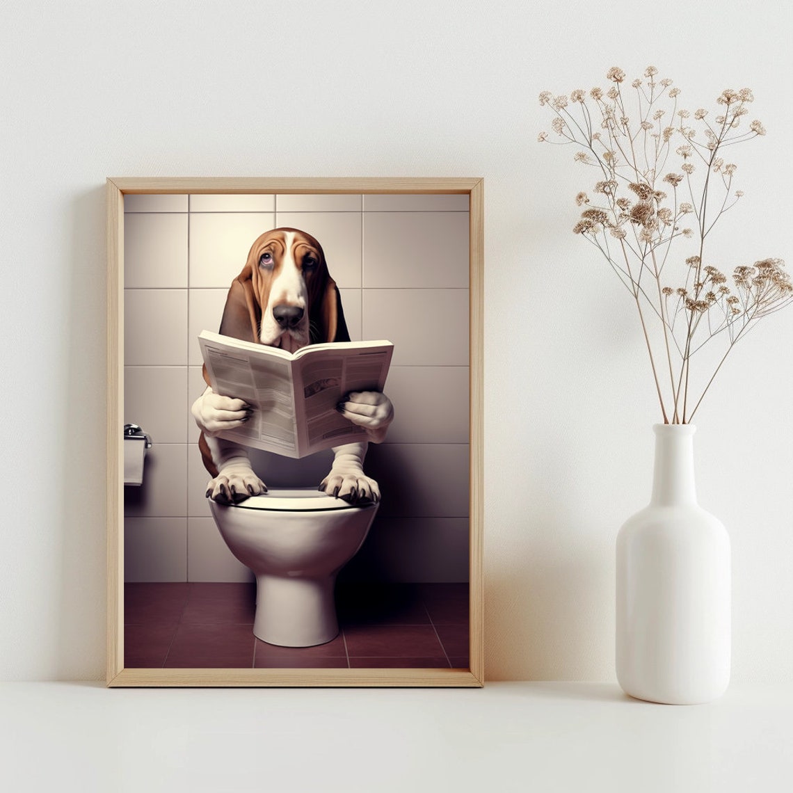 Basset Hound Reading Newspaper Toilet Funny Bathroom Art Poster