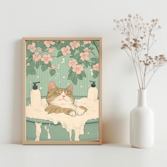 Cute Cat Bathroom Wall Art Tabby In Bathtub Neutral Minimalist Poster Japanese Decor Japan Print Sg400