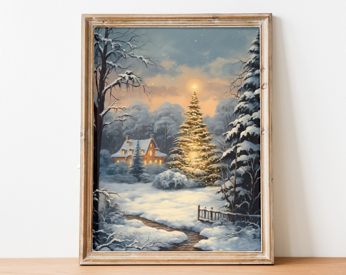 Snowy Christmas Village With Glowing Tree Vintage Oil Painting Poster