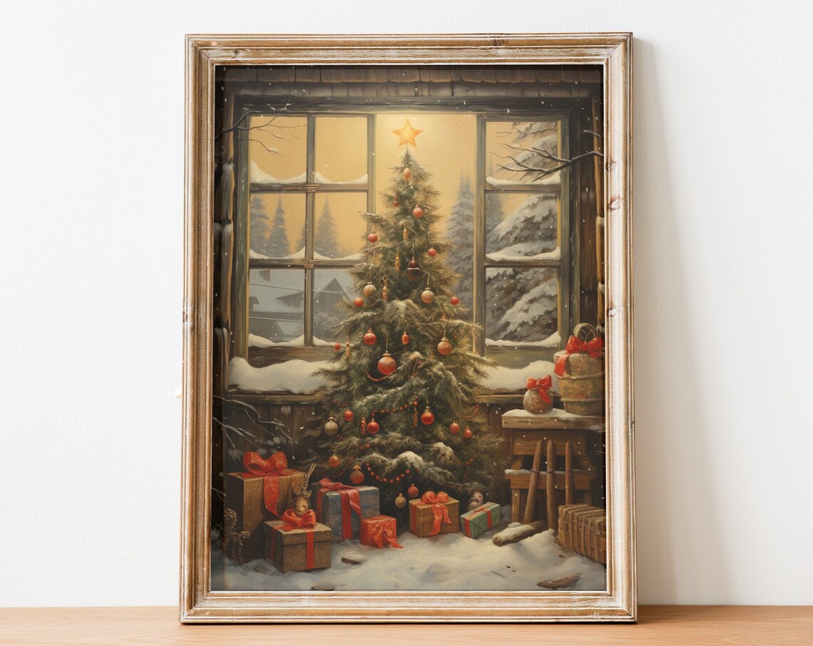 Vintage Christmas Tree By Snowy Cabin Window Winter Village Poster