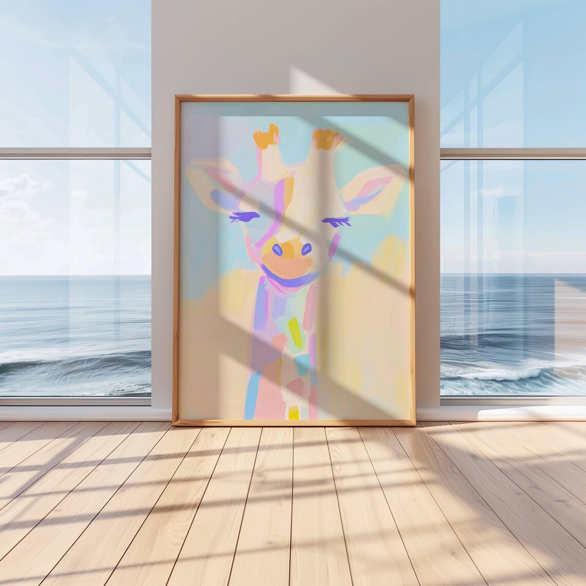 Cheerful Pastel Giraffe Face in Soft Rainbow Brushstrokes Poster - Image 3
