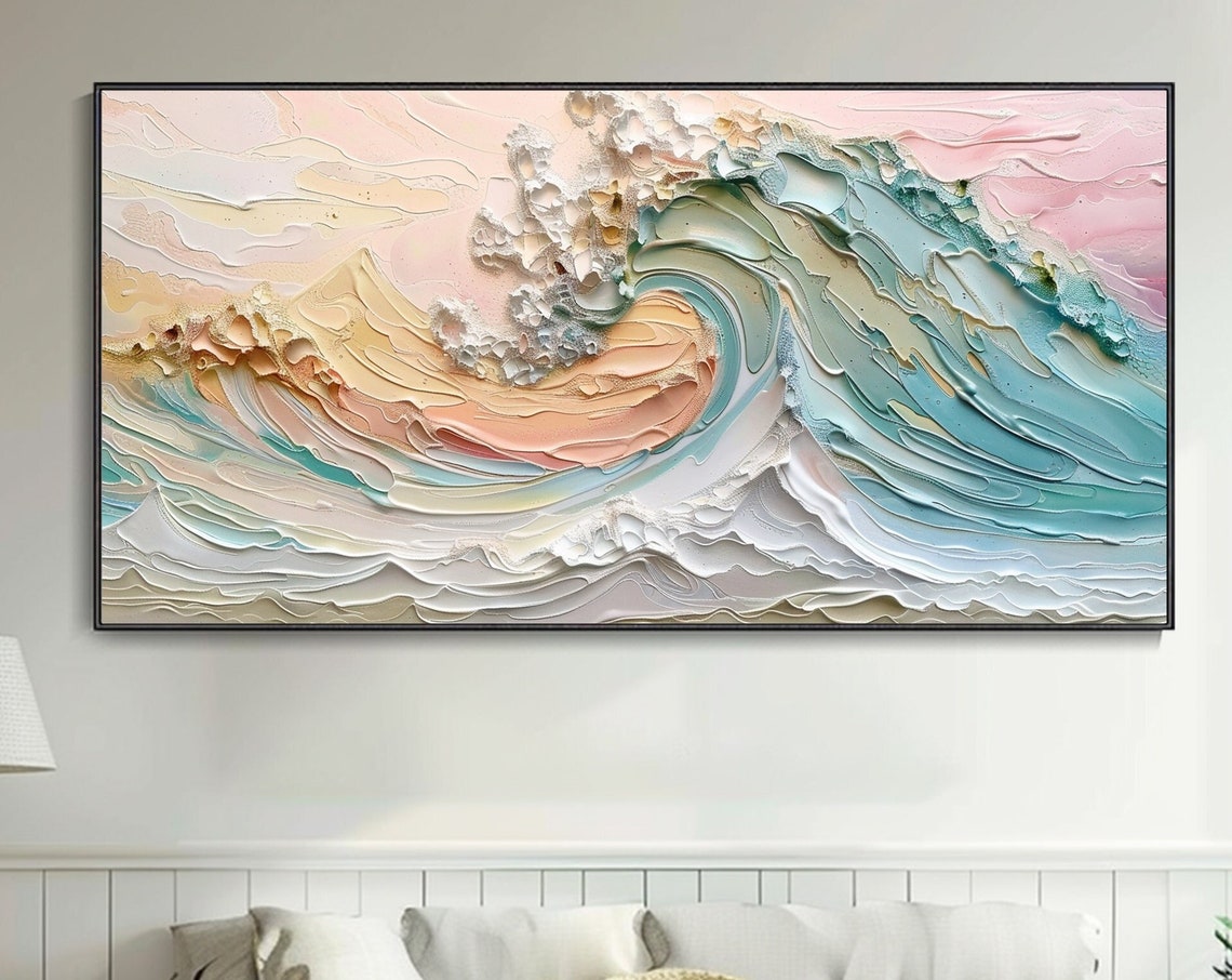 Pastel Ocean Wave Curl Teal Peach 3D Texture Seascape Art Poster