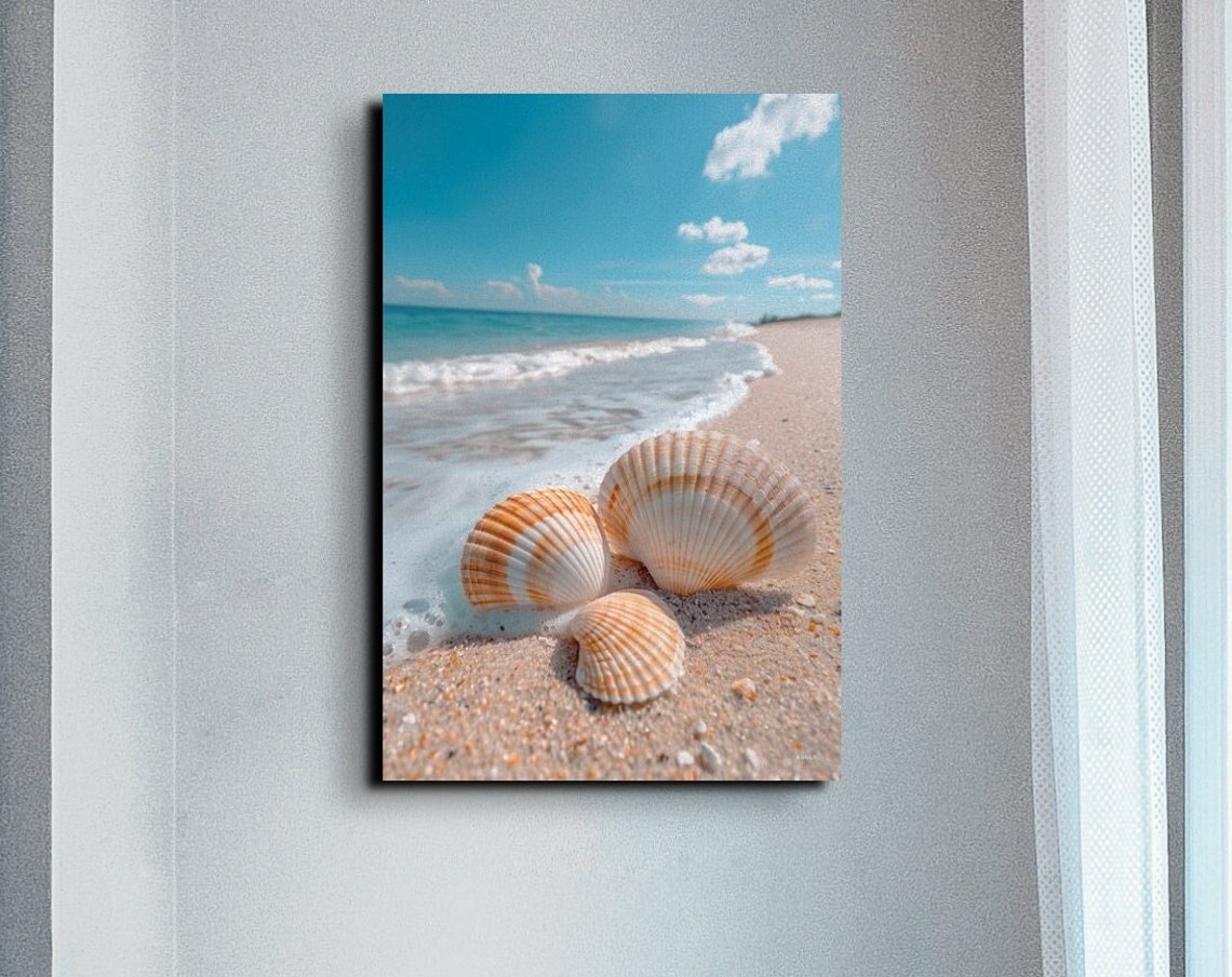 Three Scallop Seashells Arranged on Sand with Sea Foam Poster