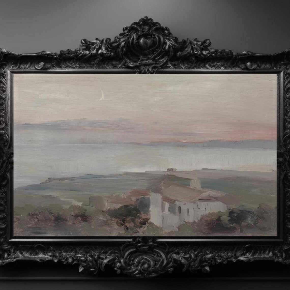 Twilight Coastal Villa Seascape Vintage Oil Painting Art Poster