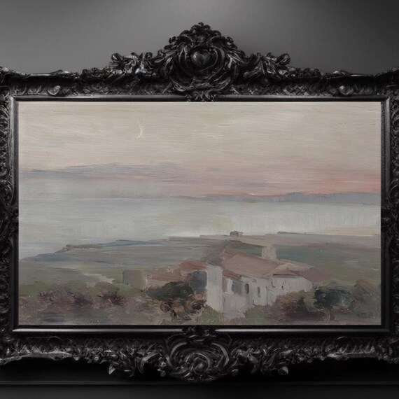 Twilight Coastal Villa Seascape Vintage Oil Painting Art Poster