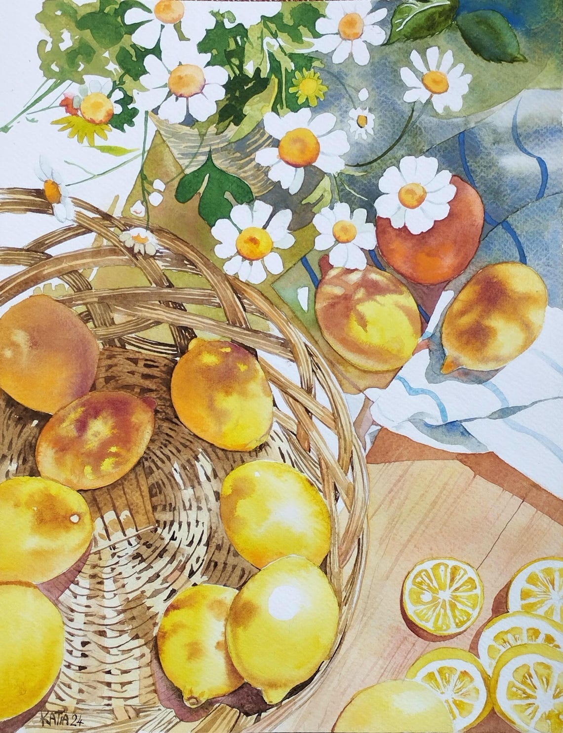 Painting Of Lemons In A Basket And Flowers Citrus Fruits Still Life Of Fruits And Daisies Original Watercolor Handmade Wall Art