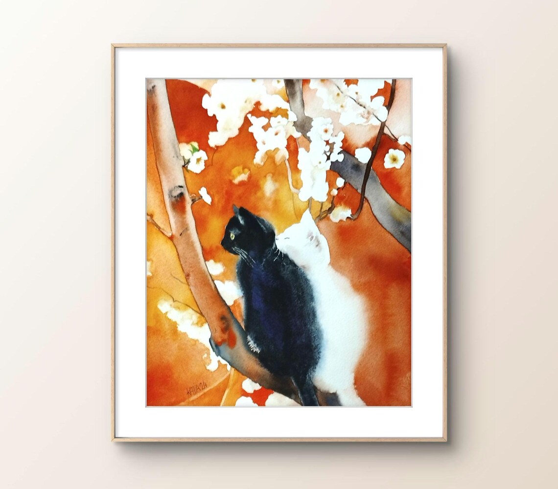 Black and White Cats on a Blossom Branch Watercolor Art Poster