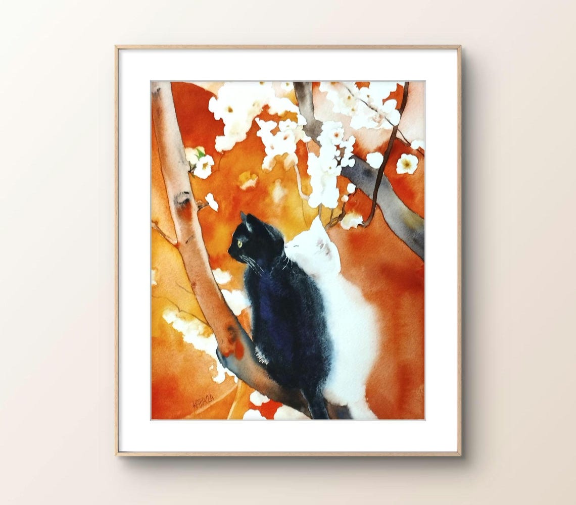 Couple Of White And Black Cats In The Cherry Blossoms Of Japan Asia Original Watercolor Painting Feline Tenderness Wall Art Gift