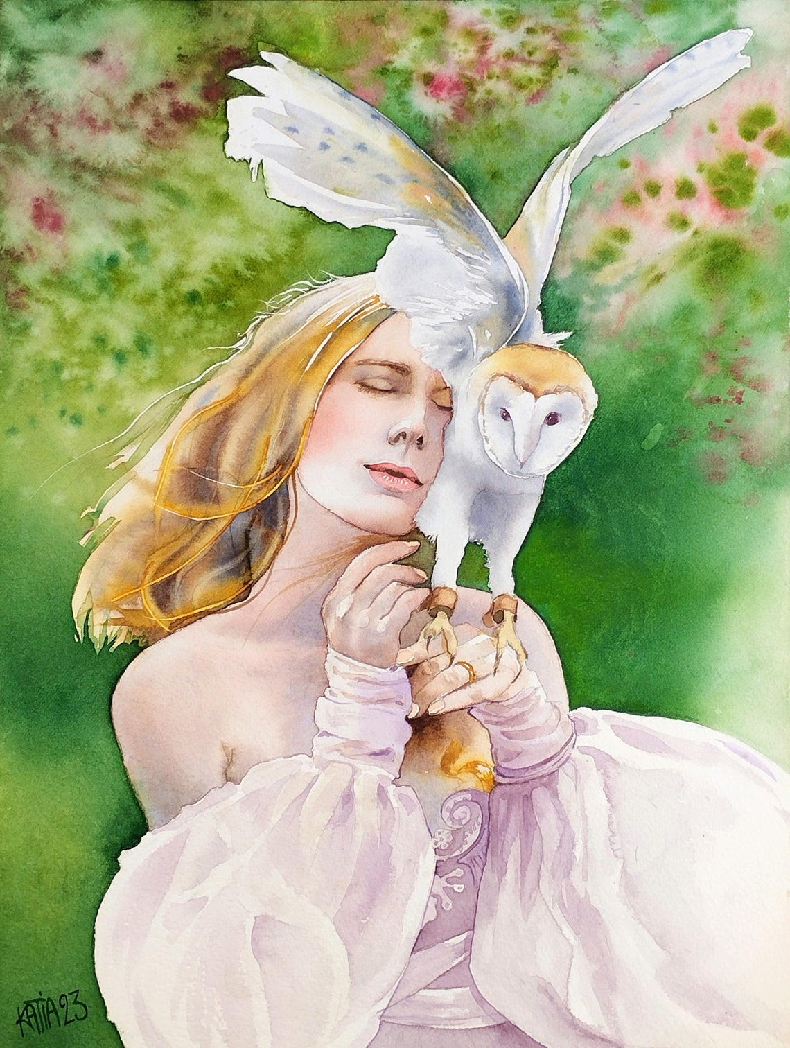 Painting Of A Woman And A Barn Owl Bird Wise Woman Mythology Renaissance Style Portrait Of A Girl Original Watercolor Handmade