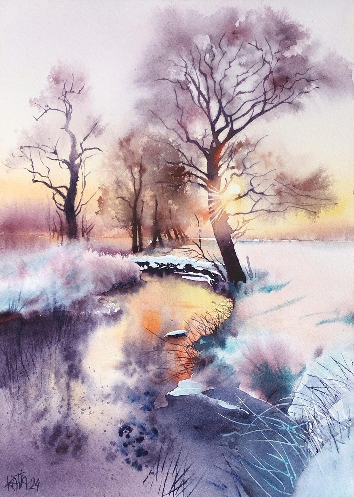 Winter Sunset Over a Frozen Stream with Bare Trees Watercolor Poster