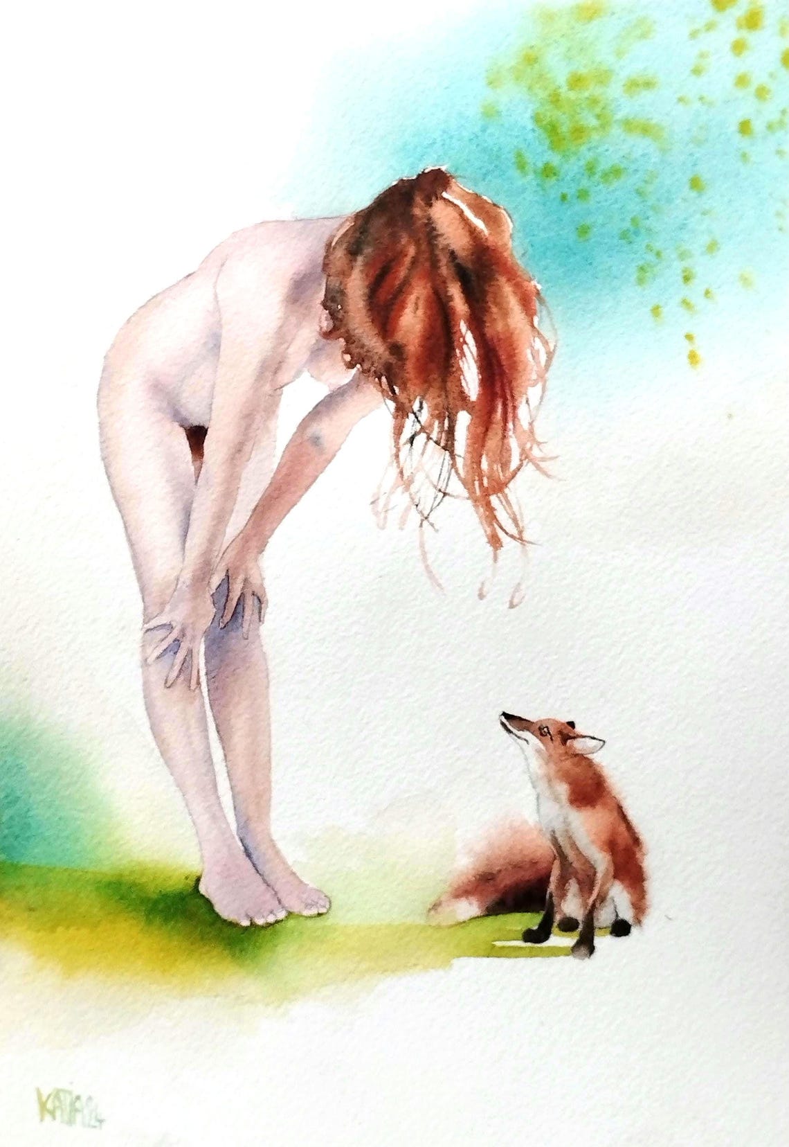 Painting Of Naked Woman Leaning Towards Fox Friendship Tenderness Art Of Naked Woman In Green Blue Colors Original Watercolor Wall Art