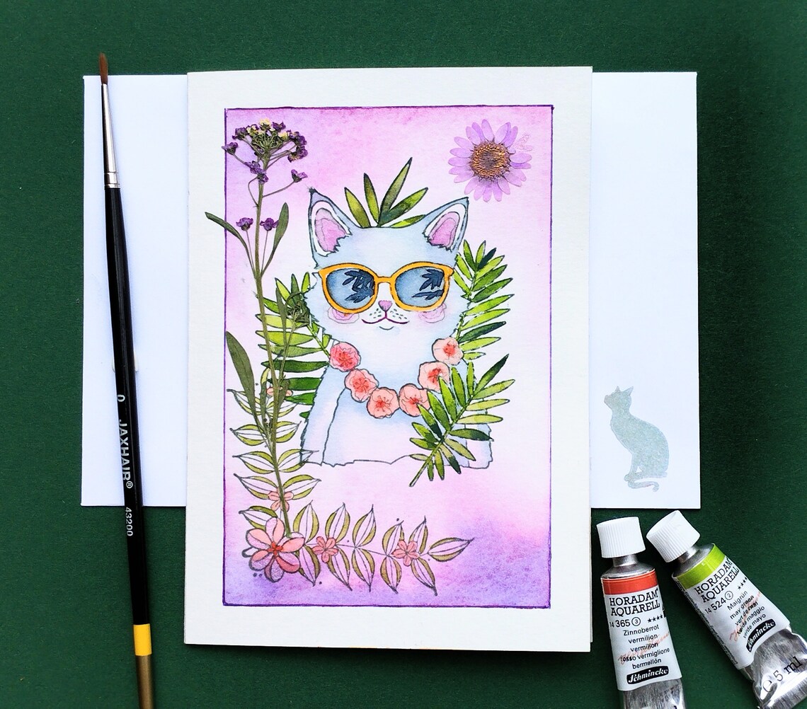 White Cat In Orange Sunglasses With Flower Lei Watercolor Fun Cat Poster